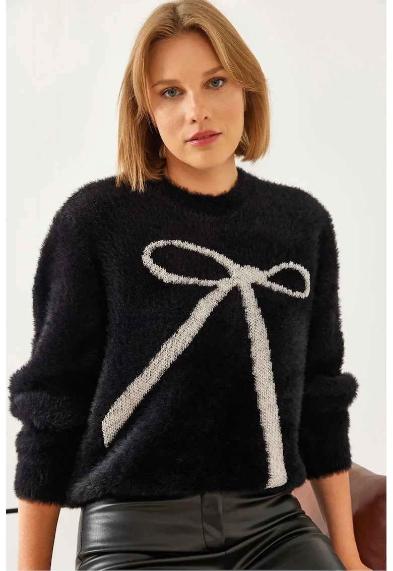 Pulover tricotat brodat -  guler rotund - negru - viscoza-poliamida -