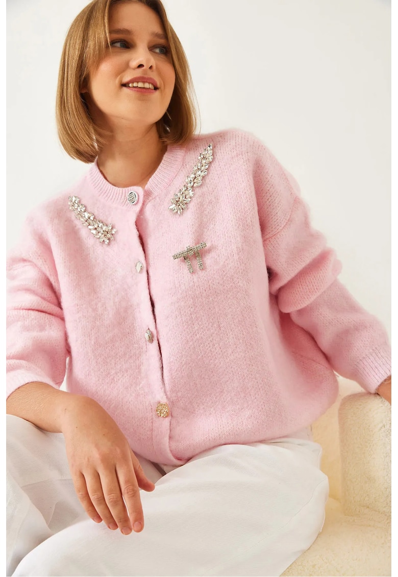 Pulover dama - cardigan cu guler rotund - maneca lunga - roz - acril-polester -