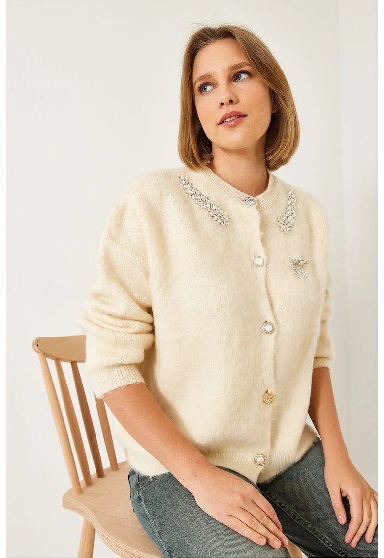 Pulover dama -  cardigan cu maneca lunga si guler rotund - bej - tricot -