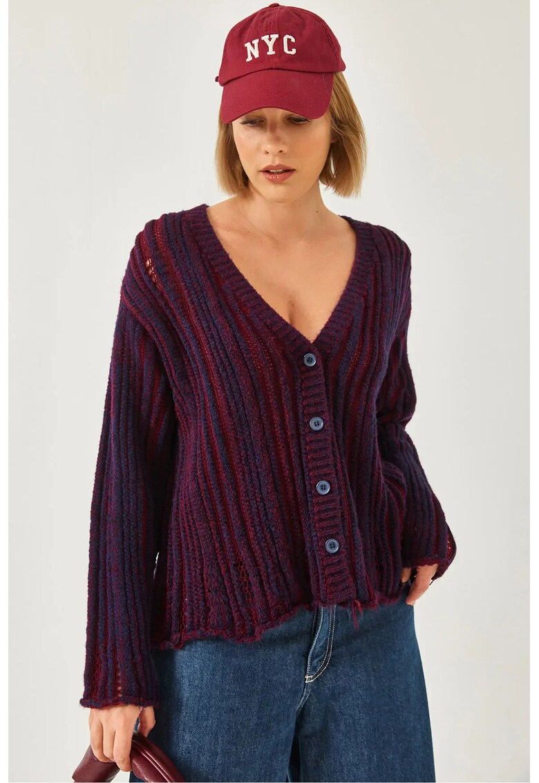 Pulover dama -  cardigan tricotat cu dungi - decolteu in V - tricot -