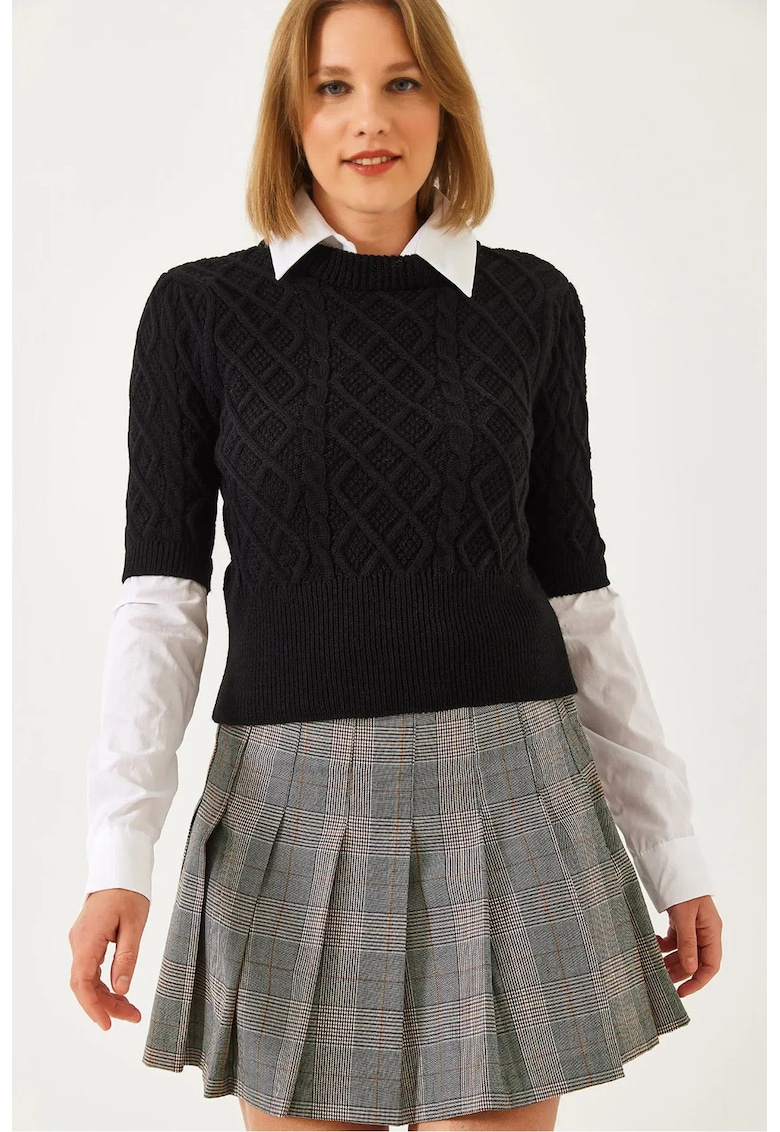 Pulover dama  crop tricotat cu guler camasa - negru - material tricot - Pulover dama  crop tricotat cu guler camasa - negru - material tricot -