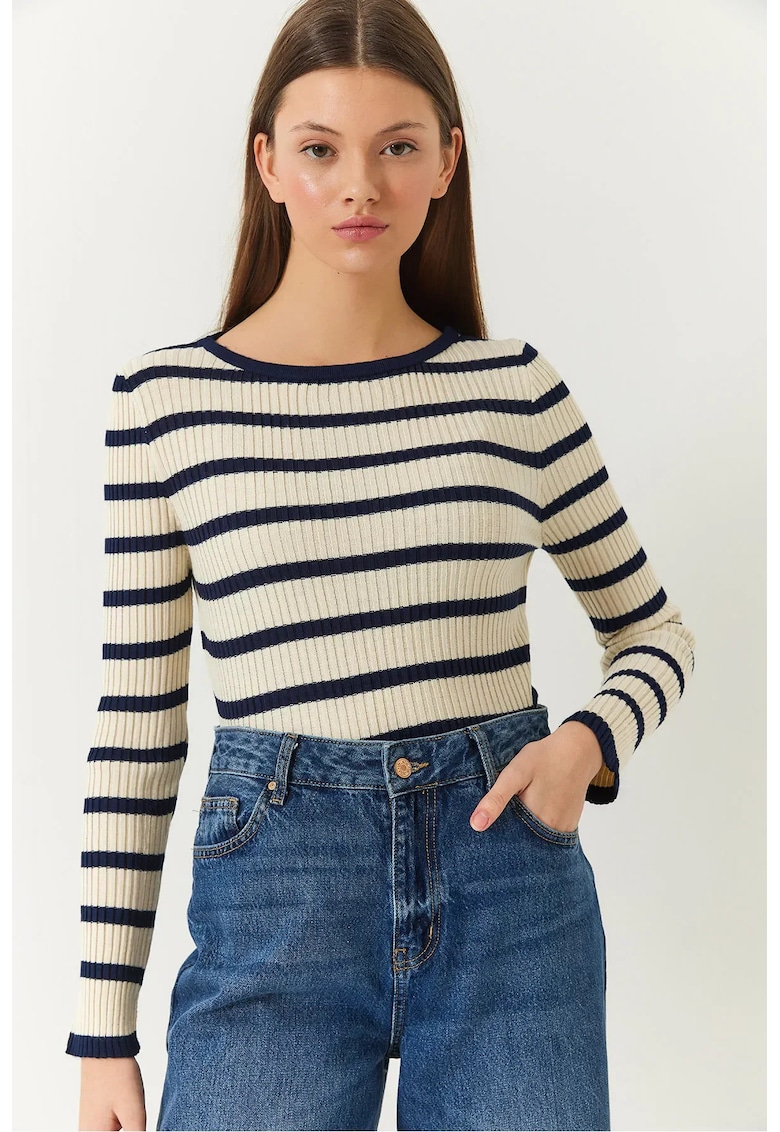 Pulover dama -  cu guler rotund - dungi - tricot -