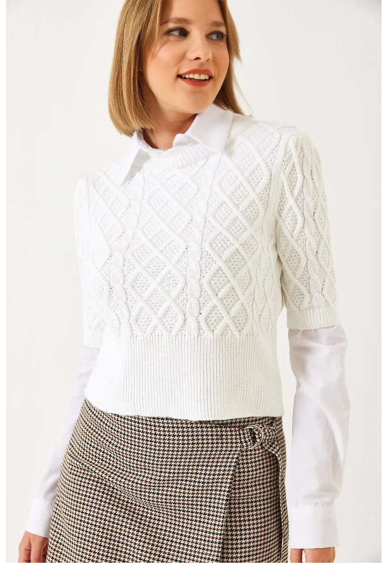 Pulover crop texturat tricotat  cu guler camasa - alb - tricot -