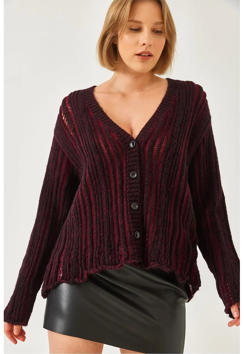 Pulover dama -  cardigan tricotat cu dungi - decolteu in V - tricot -