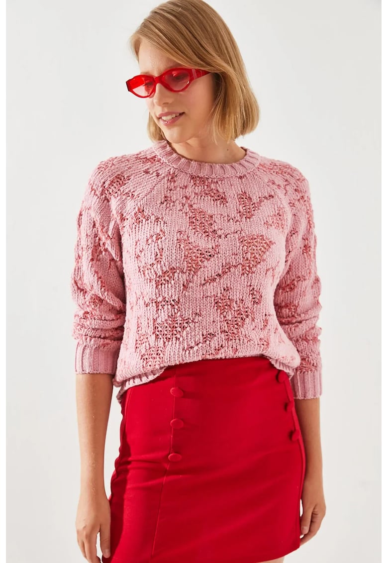 Pulover tricotat  abstract - detalii nervurate - roz aprins - acril -