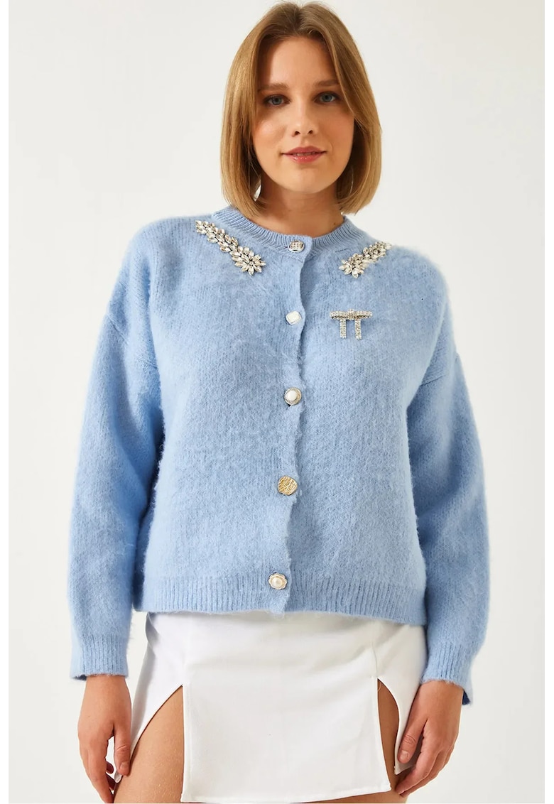 Pulover dama -  cardigan cu guler rotund - maneca lunga - albastru - tricot -