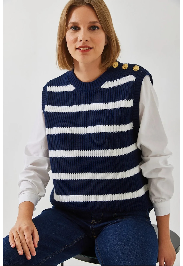 Pulover dama -  vesta tricotata cu dungi - inchidere cu nasturi - bleumarin - tricot -
