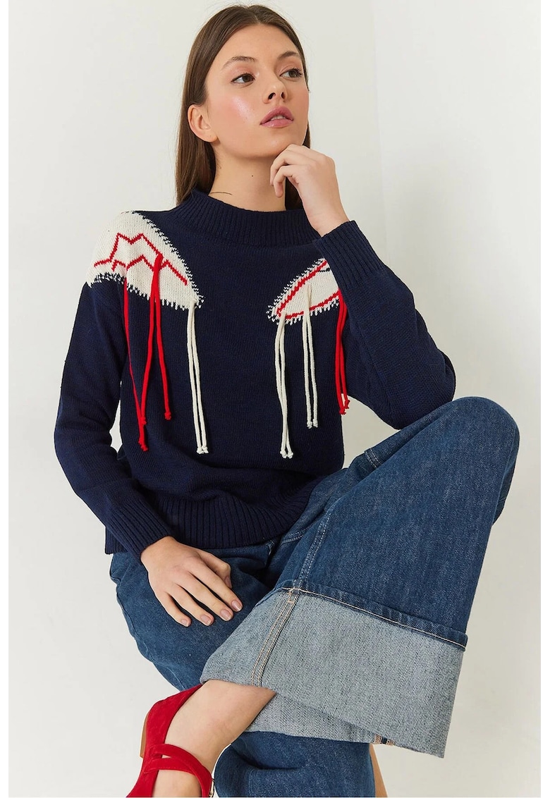 Pulover dama -  cu guler rotund si franjuri - bleumarin - tricot -