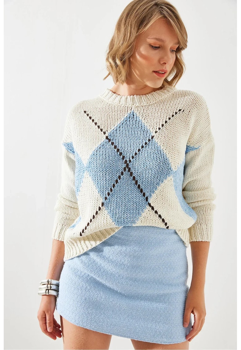 Pulover tricotat -  model geometric - alb-albastru - acril -