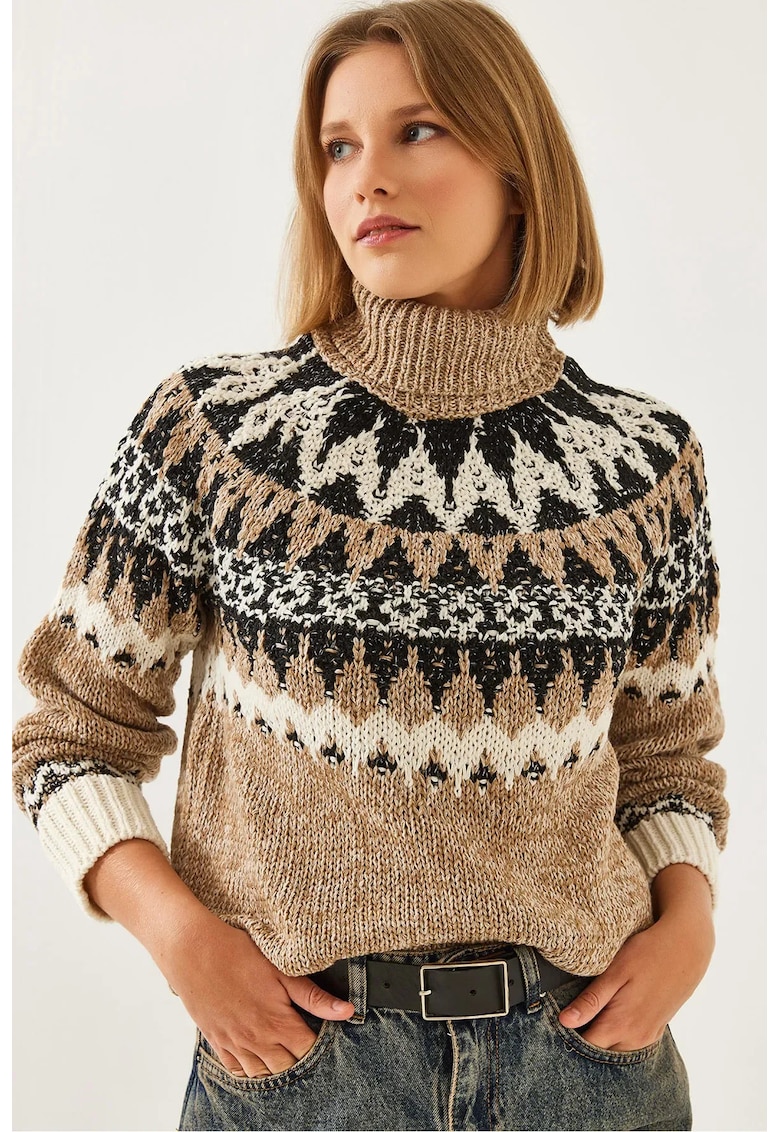 Pulover tricotat -  jacquard - guler inalt - maro melanj - material acrilic si poliester - Pulover tricotat -  jacquard - guler inalt - maro melanj - material acrilic si poliester -