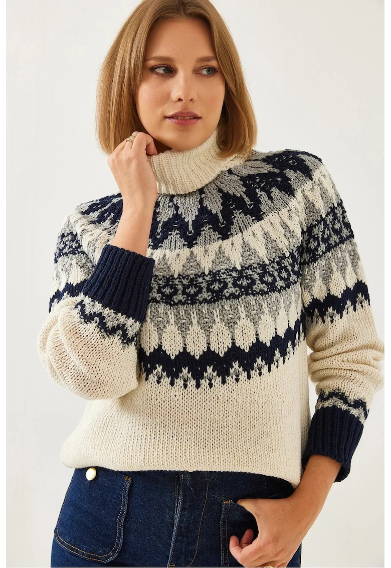 Pulover tricotat -  jacquard - guler inalt - bej - amestec acrilic-poliester -