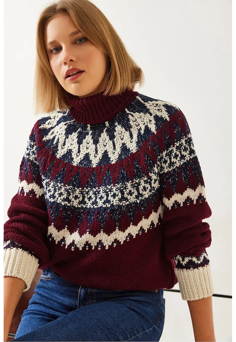 Pulover tricotat -  jacquard - guler inalt - visiniu - amestec acrilic-poliester -