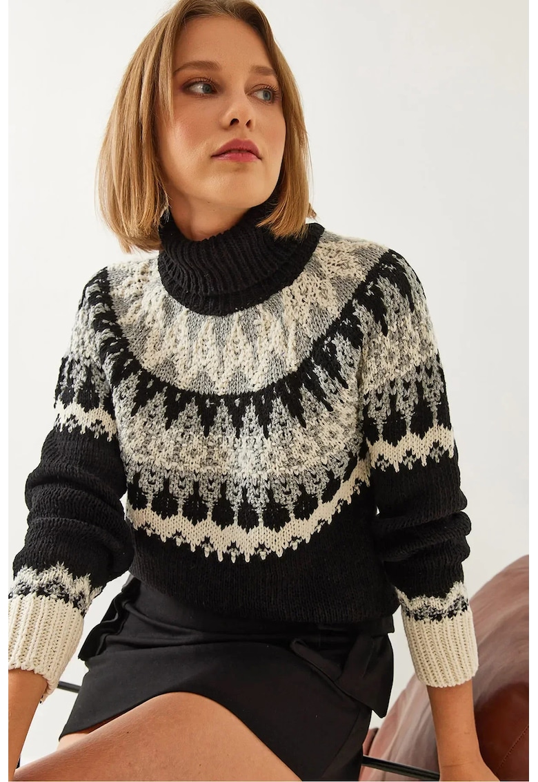 Pulover dama - jacquard cu guler inalt - negru - tricot -