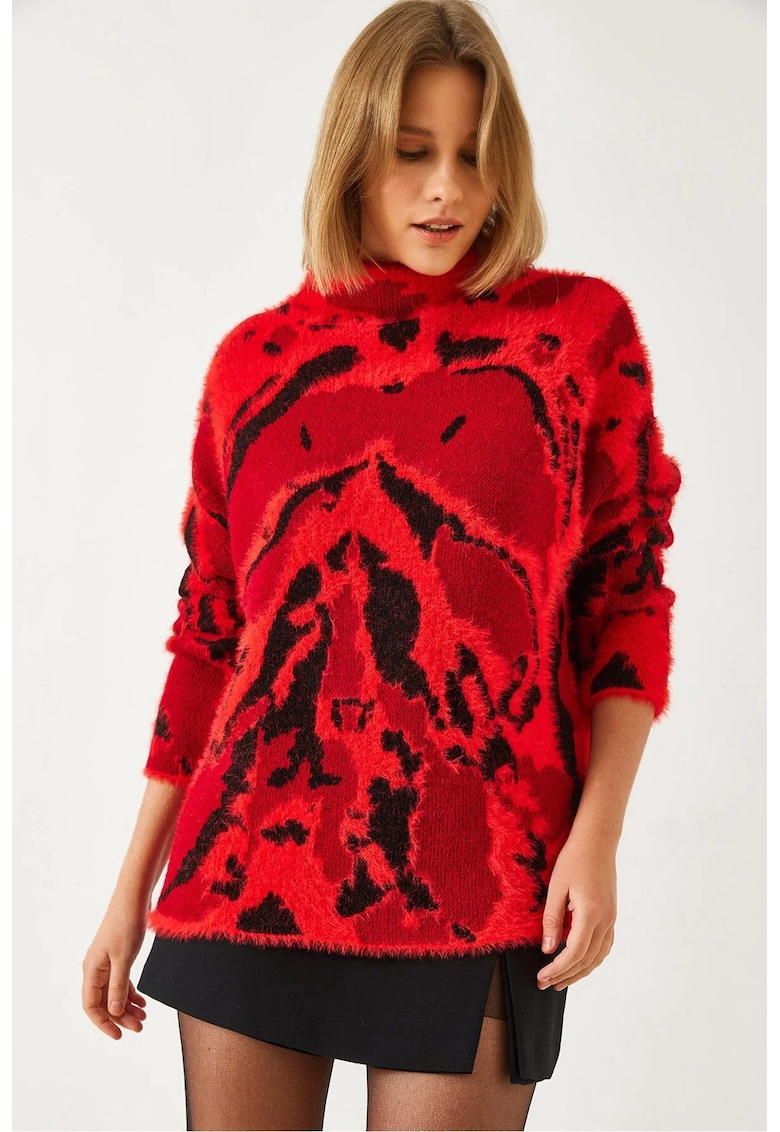 Pulover tricotat -  guler inalt - imprimeu leopard - rosu - viscoza-poliamida -