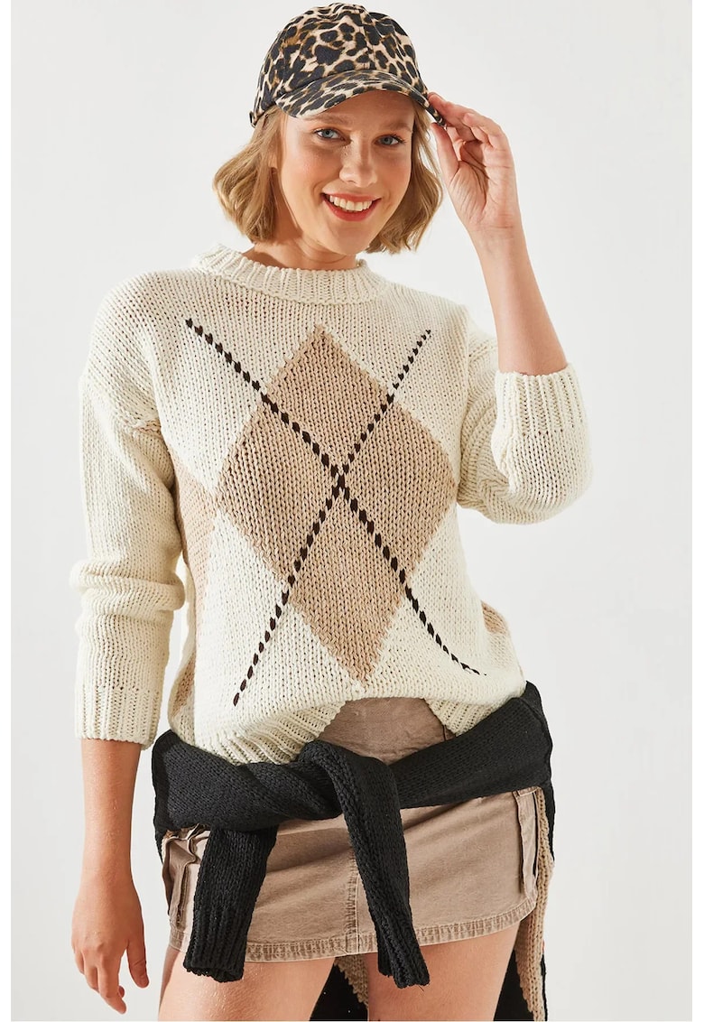 Pulover tricotat -  model geometric - guler rotund - bej - tricot -