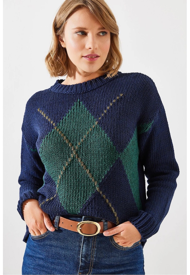 Pulover dama - tricotat cu model geometric - guler rotund - bleumarin - material acrilic -