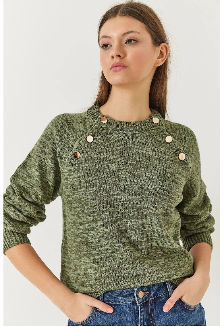 Pulover dama -  texturat - guler rotund - verde - acril/poliester -