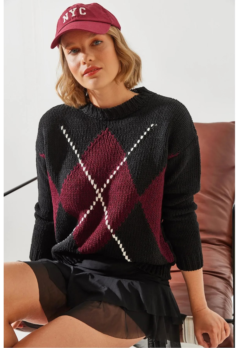 Pulover tricotat -  model geometric - guler rotund - tricot -