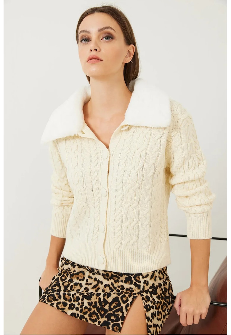 Cardigan Femei  texturat cu guler sal din blana artificiala - alb-galbui - tricot -
