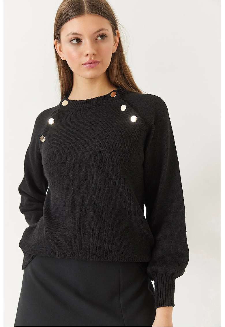 Pulover dama -  tricotat - guler rotund - nasturi - negru -