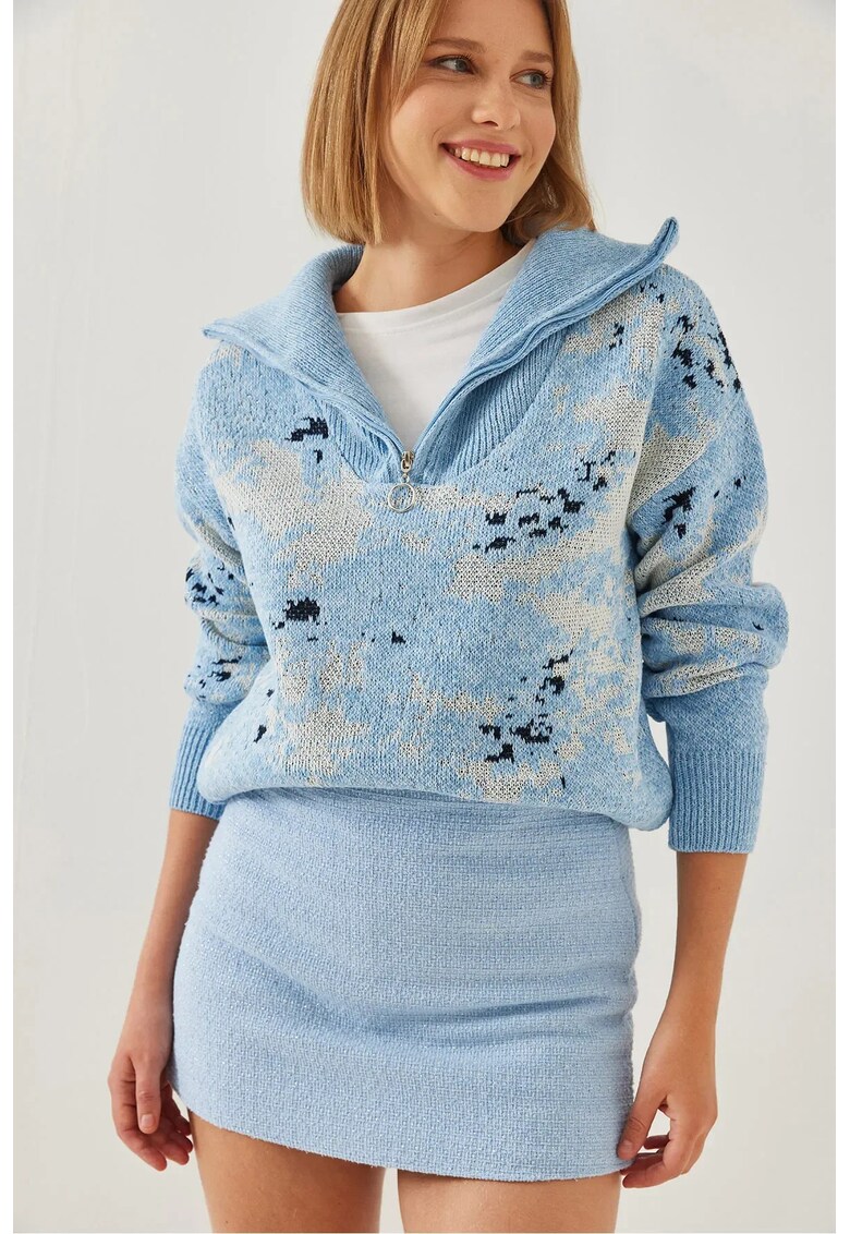Pulover dama tricotat abstract - guler cu fermoar - albastru - acril/poliester -
