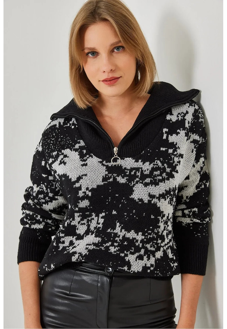 Pulover dama  tricotat - abstract - guler cu fermoar - negru - amestec acrilic-poliester - Pulover dama  tricotat - abstract - guler cu fermoar - negru - amestec acrilic-poliester -
