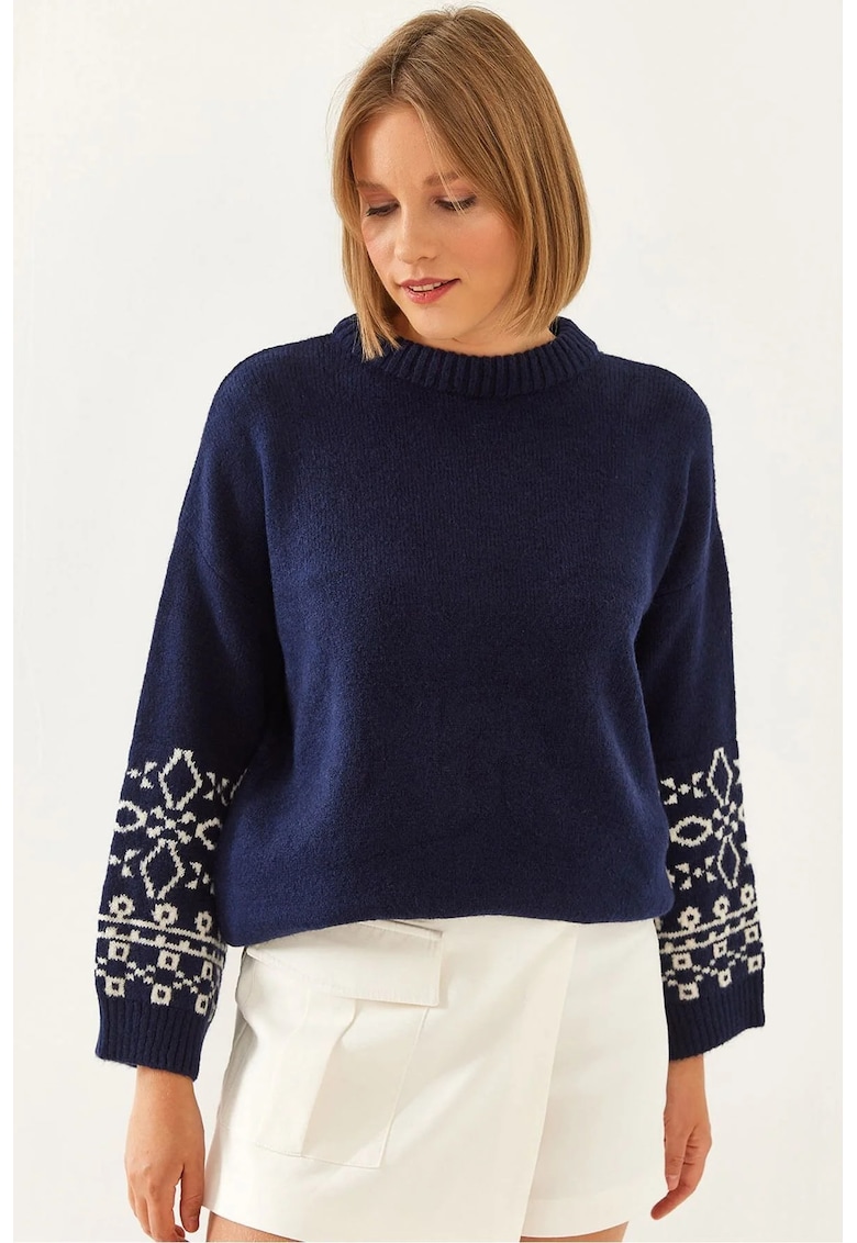 Pulover tricotat jacquard -  guler rotund - broderie - bleumarin - tricot -