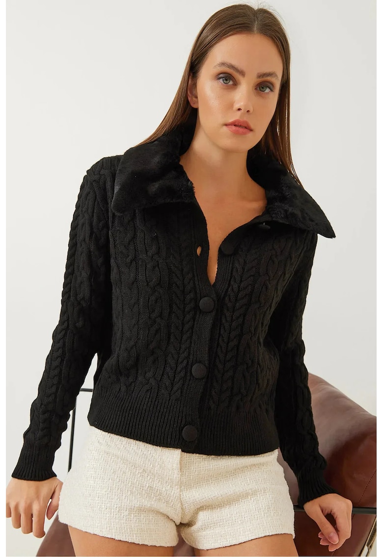 Cardigan Femei  texturat cu guler sal din blana artificiala - negru - tricot -