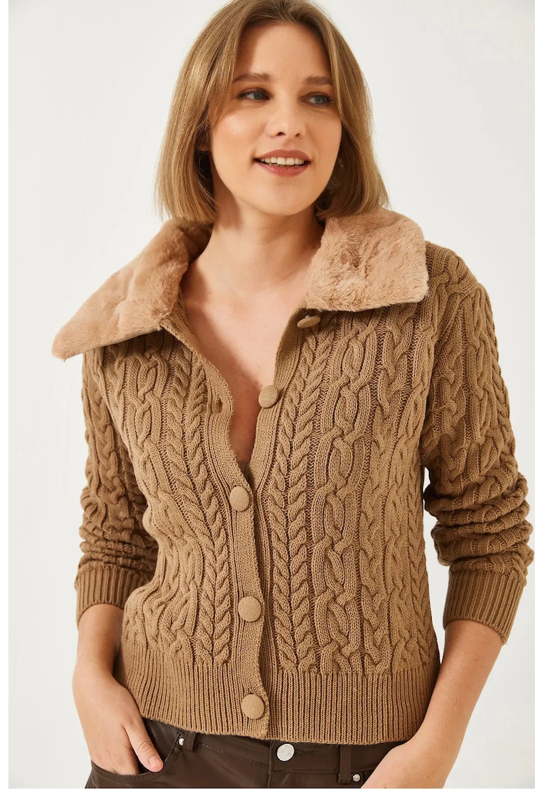 Cardigan -  texturat cu guler sal din blana artificiala - maro - tricot -