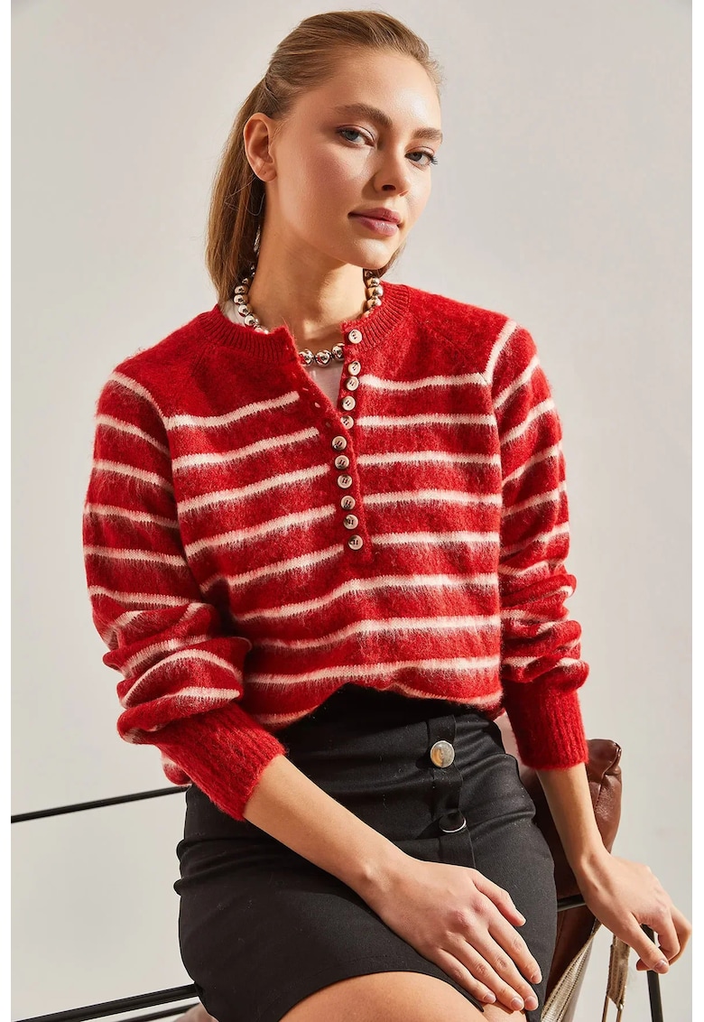 Pulover dama -  texturat tricotat - guler rotund - rosu - acril/poliester -