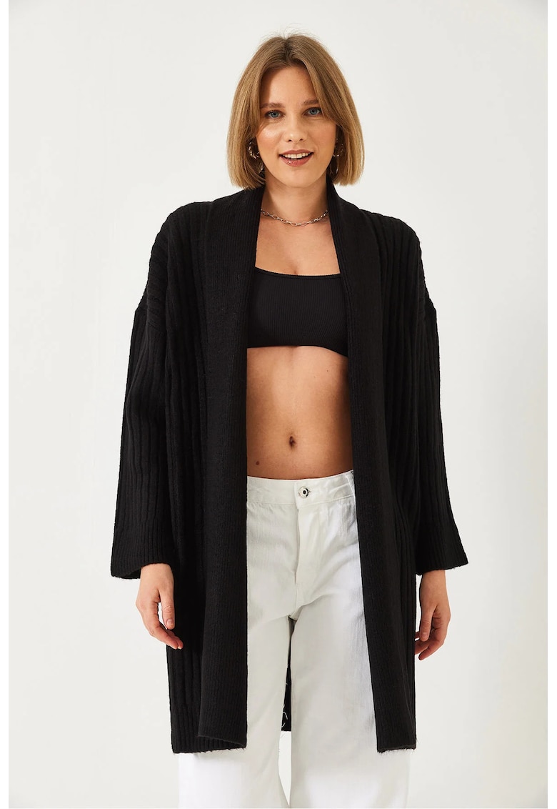 Pulover dama -  cardigan cu guler sal - nervuri lungi texturate - negru - tricot -