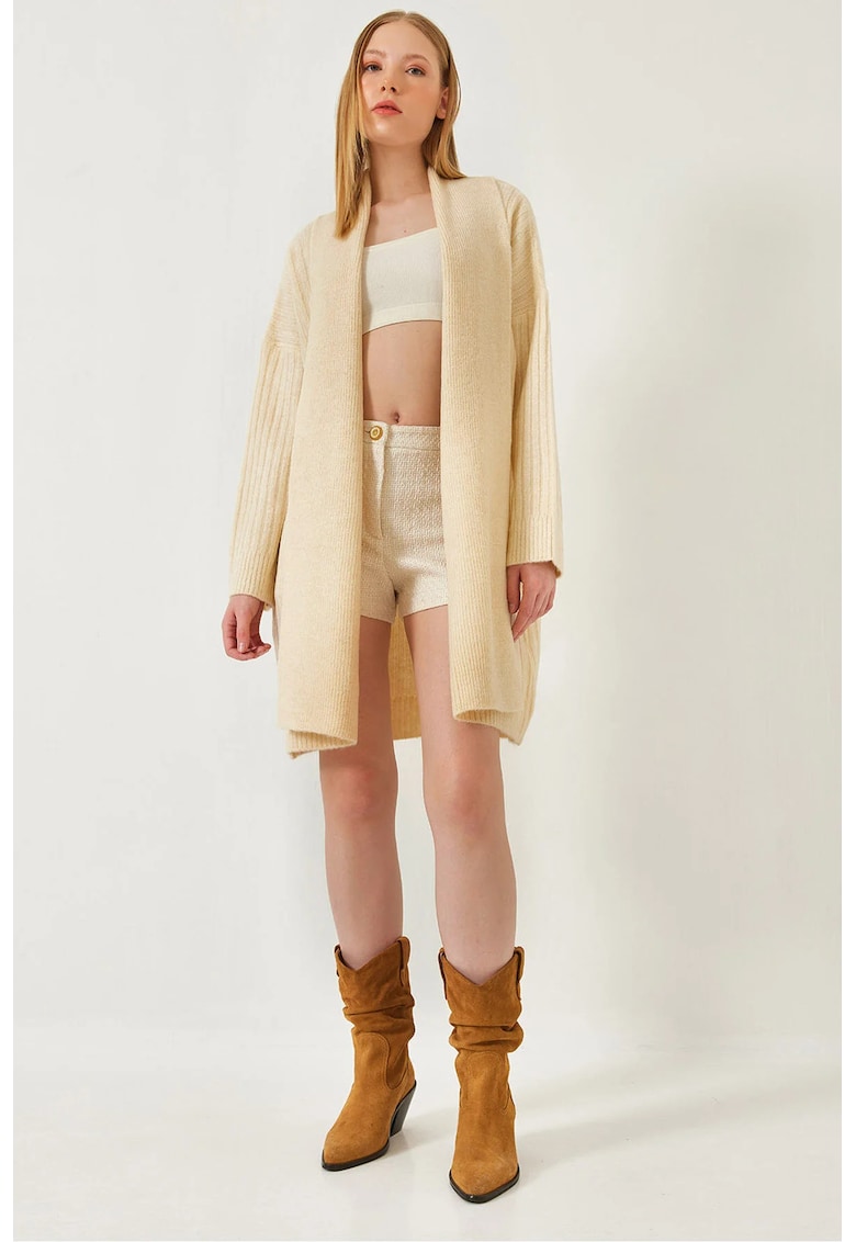 Pulover dama -  cardigan cu guler sal - nervuri lungi texturate - bej - tricot -