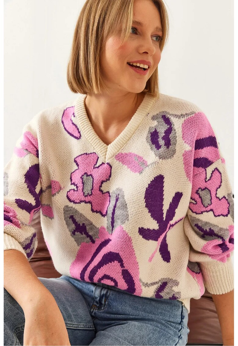 Pulover dama tricotat - croiala lejera - decolteu in V - model floral - multicolor -