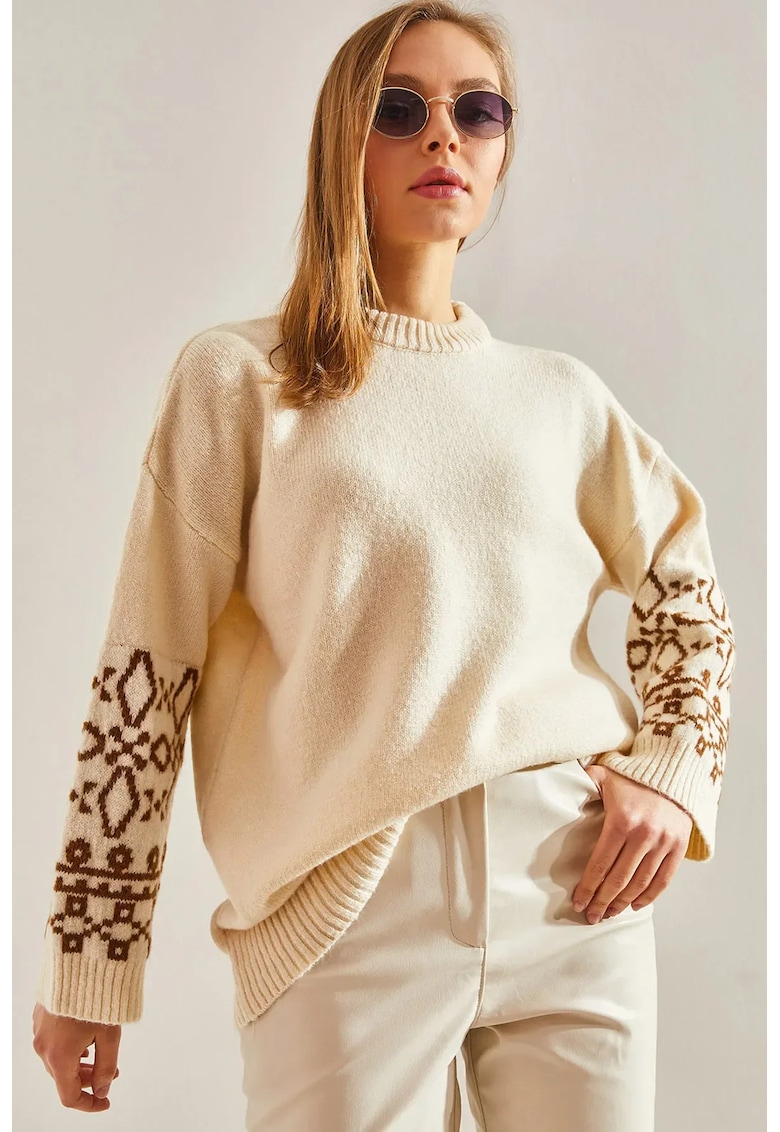 Pulover tricotat jacquard  cu guler rotund - broderie - material acrilic si poliester -