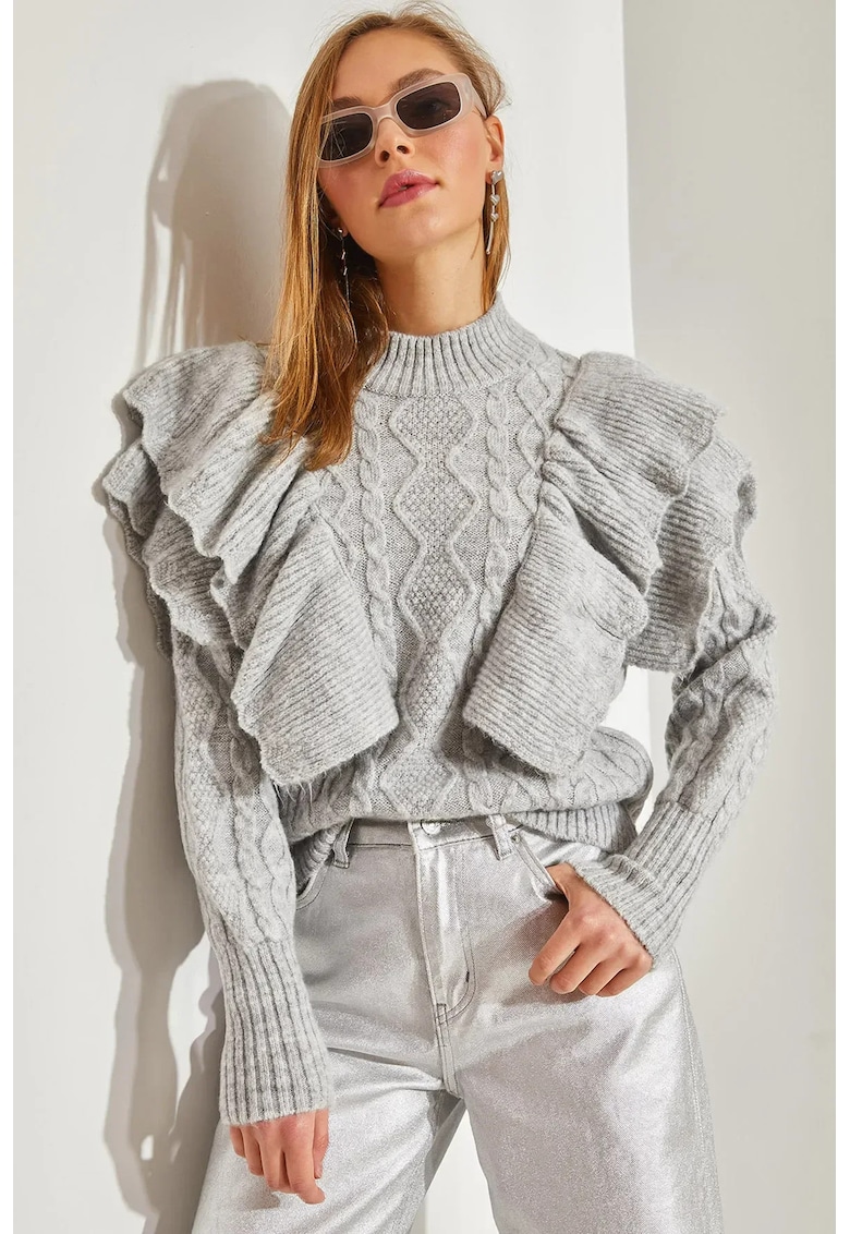 Pulover dama -  texturat tricotat cu guler inalt pe jumatate - gri - amestec acrilic si poliester -