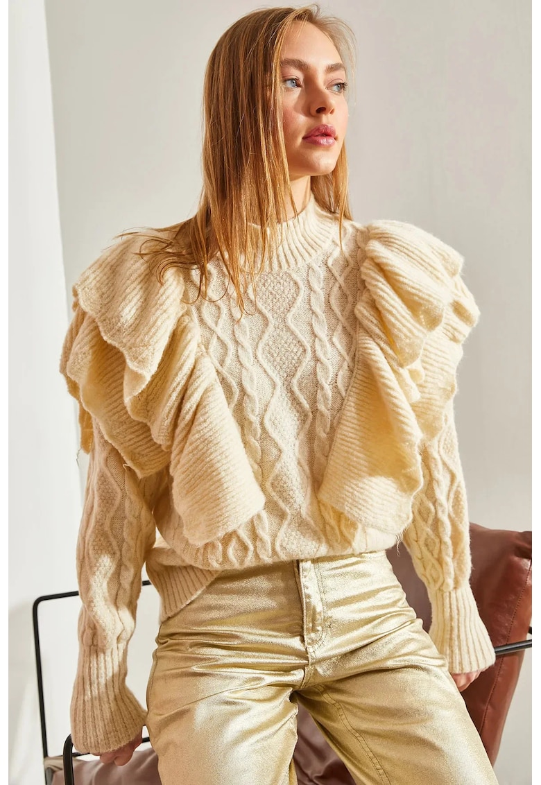 Pulover dama -  tricotat - guler inalt - bej - Pulover dama -  tricotat - guler inalt - bej -