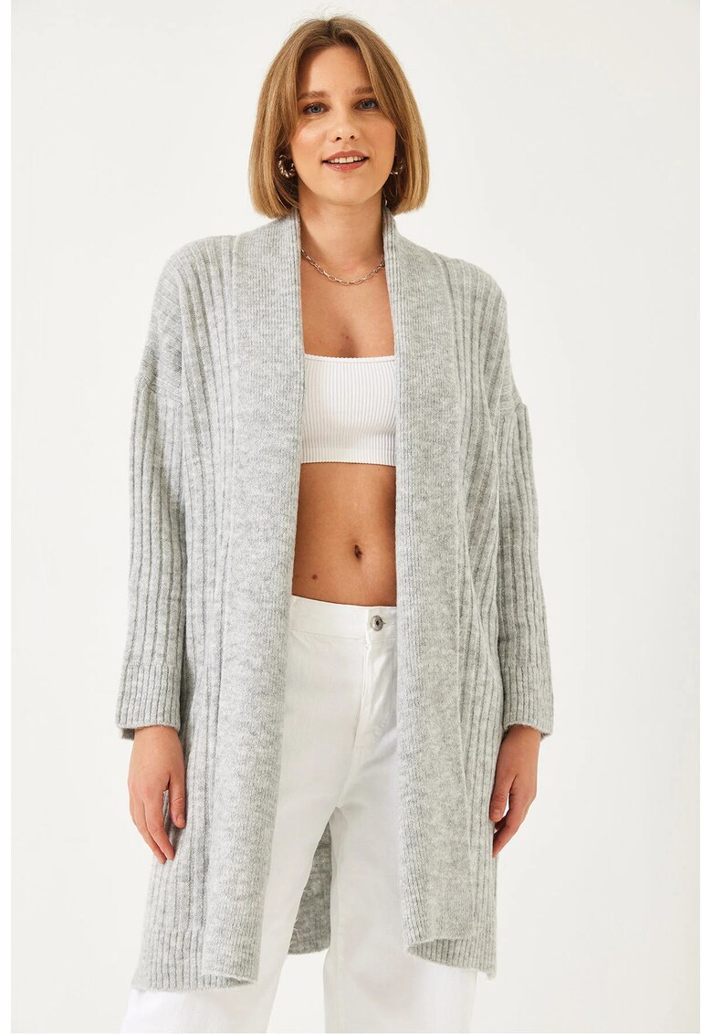 Cardigan -  cu guler sal - nervuri - gri - tricot -