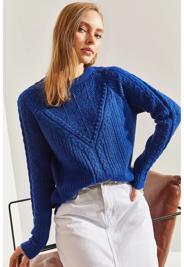 Pulover dama - gros - cu guler rotund - bleumarin - tricot acrilic si poliester -