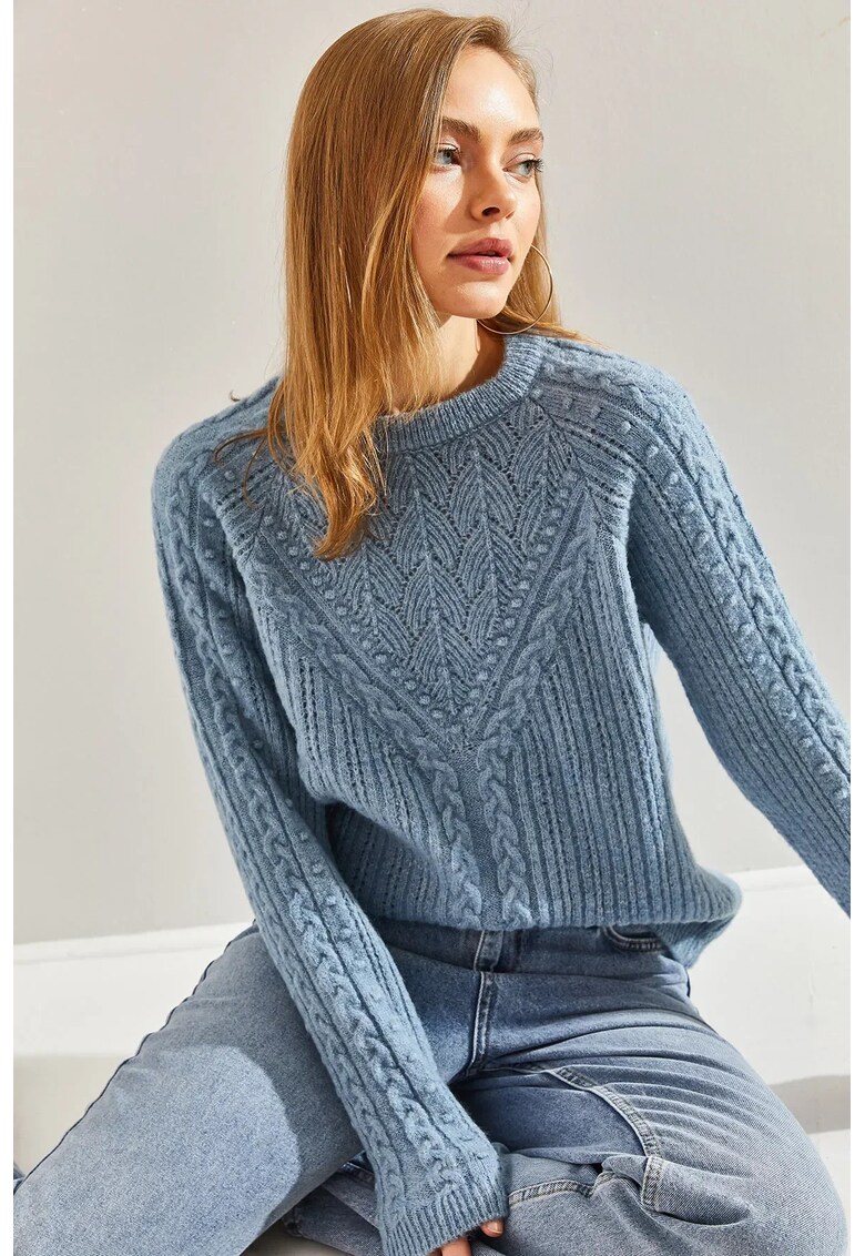 Pulover dama gros - guler rotund - albastru - acril-poliester -
