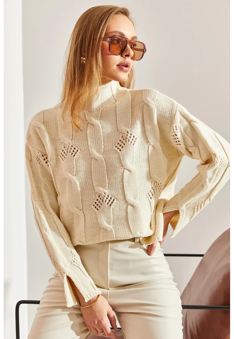 Pulover dama -  texturat - guler inalt - alb-galbui - tricot -