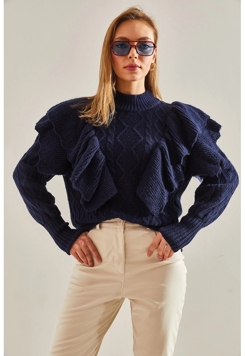 Pulover dama -  texturat tricotat cu guler inalt pe jumatate - bleumarin - amestec acrilic si poliester -