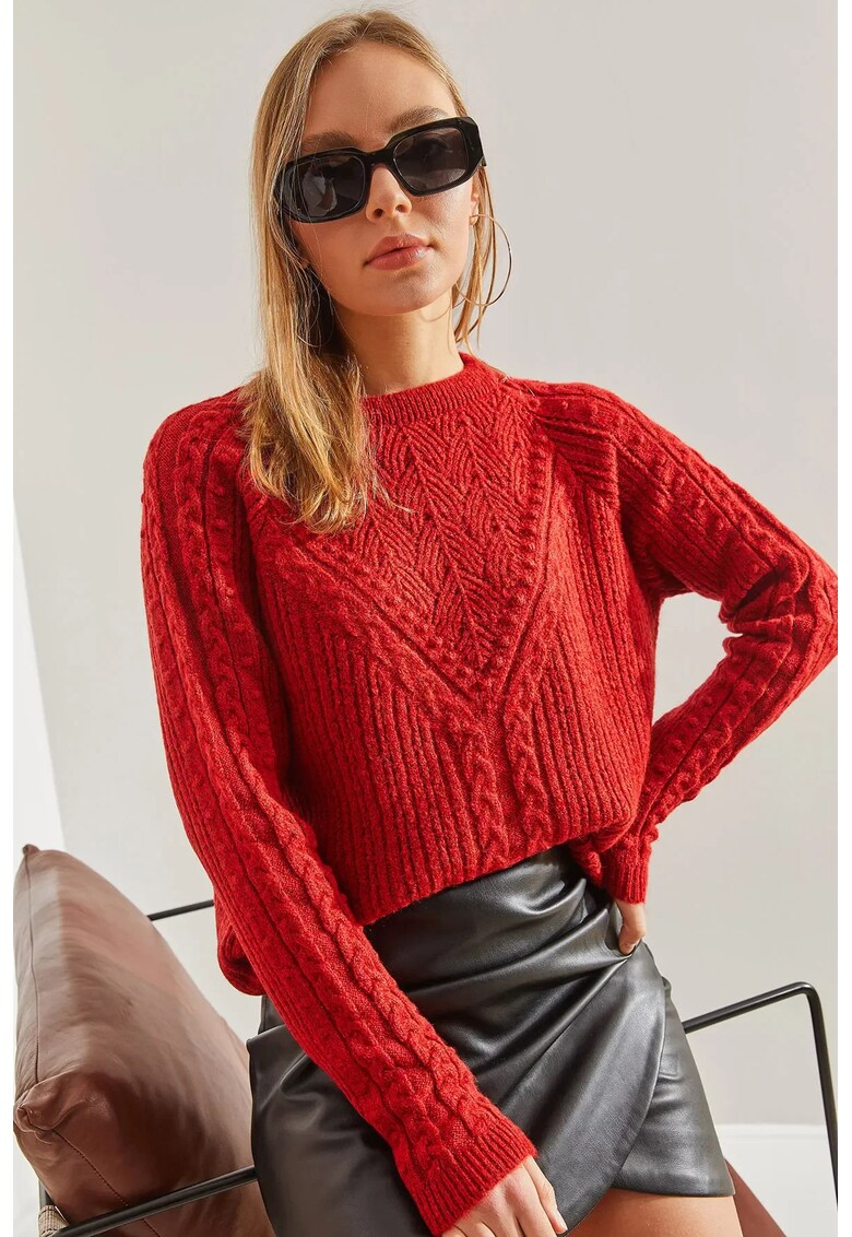 Pulover dama - gros - cu guler rotund - rosu - acril/poliester -