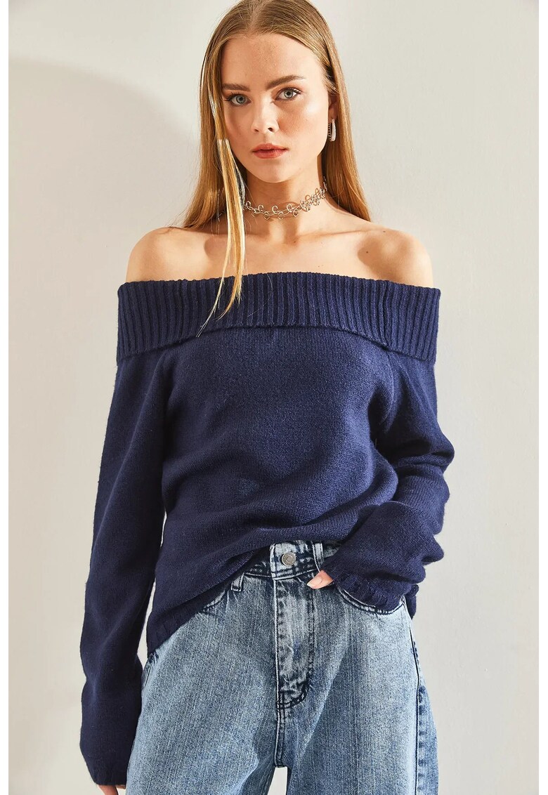 Pulover tricotat texturat  cu guler Madonna - bleumarin - amestec acrilic-poliester -