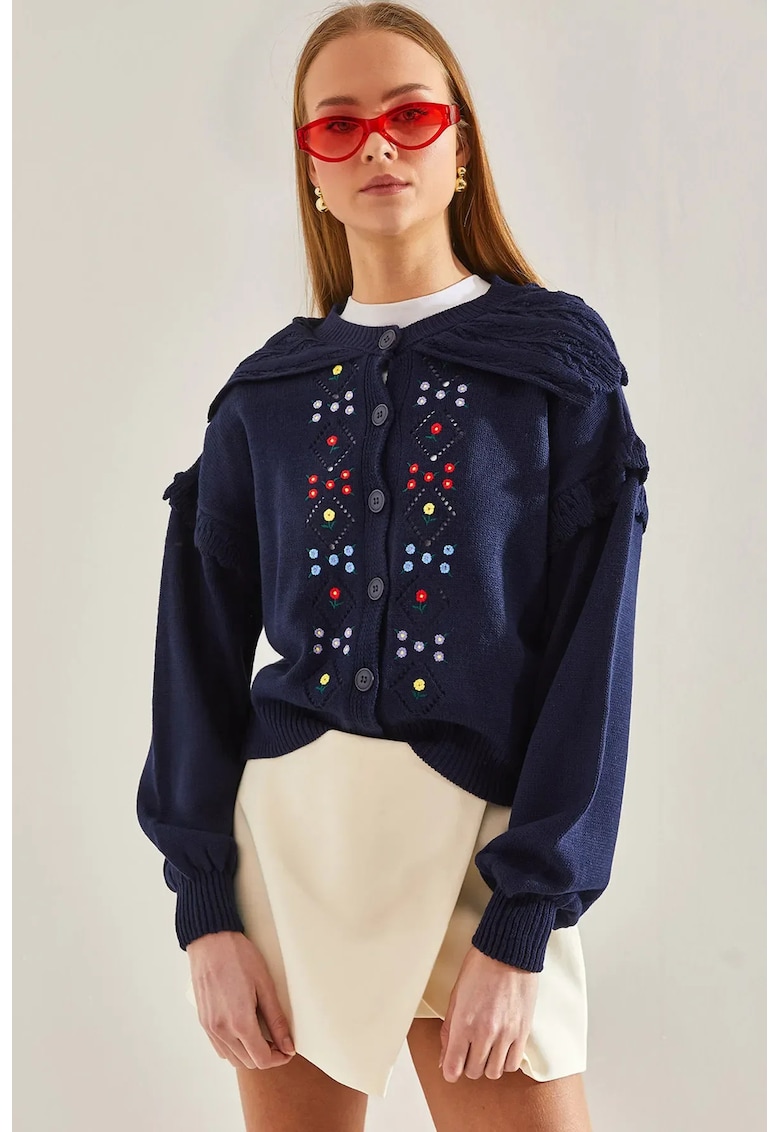 Pulover dama -  cardigan cu guler sal brodat - bleumarin - tricot -