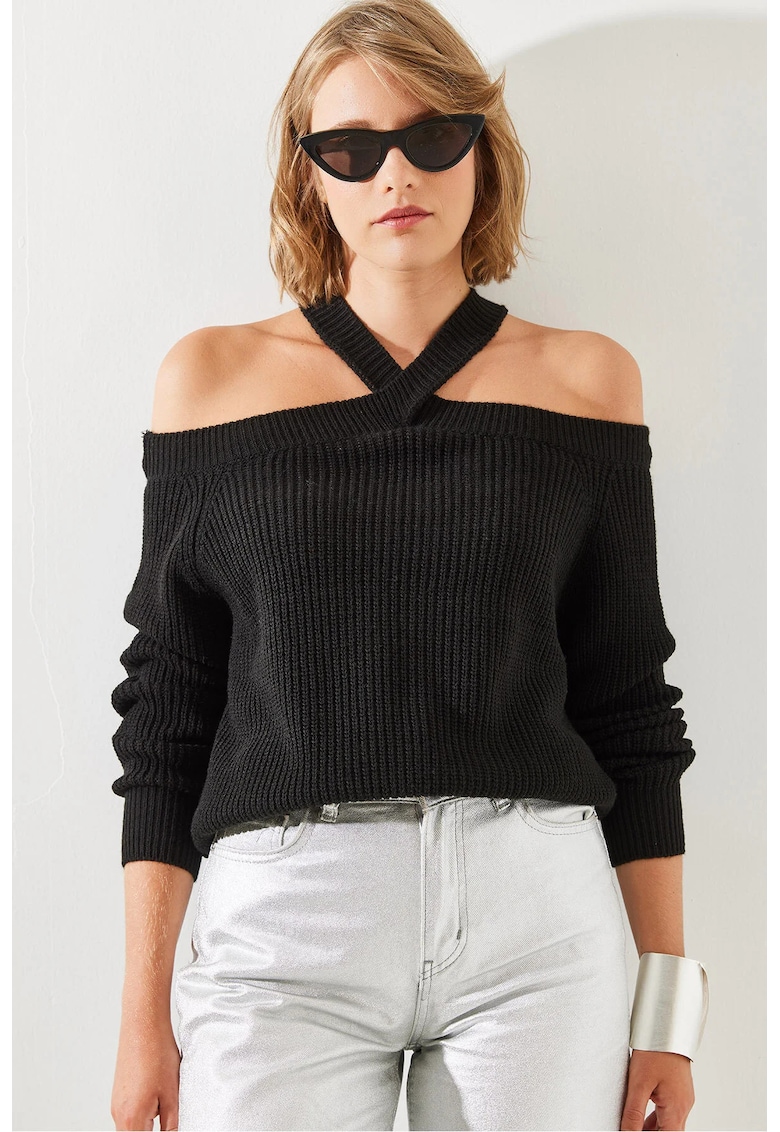 Pulover dama -  cu maneca lunga - guler rotund - decupat - negru - tricot - Pulover dama -  cu maneca lunga - guler rotund - decupat - negru - tricot -