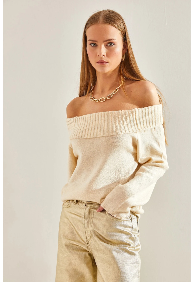 Pulover tricotat  guler Madonna - bej - material tricot -