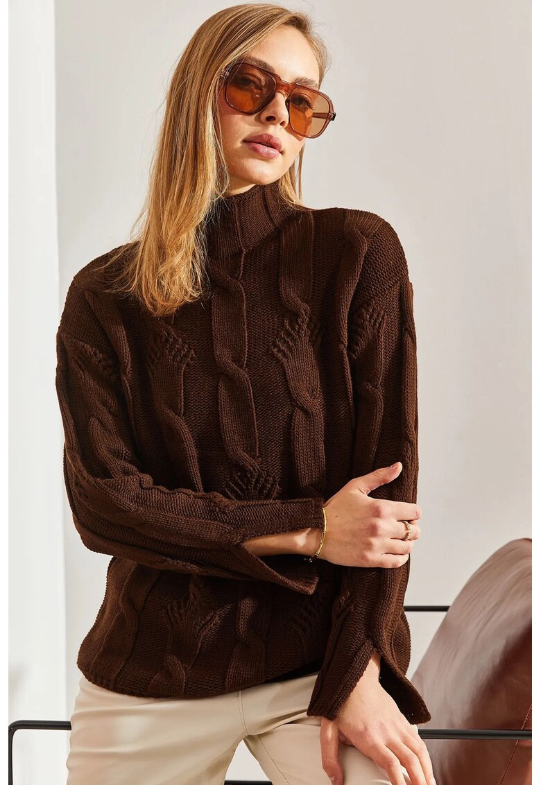 Pulovere dama - tricotat cu guler inalt - maro scortisoara -