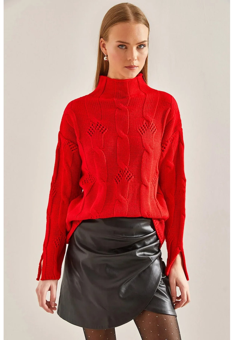 Pulover dama -  texturat - guler inalt - rosu - acril - Pulover dama -  texturat - guler inalt - rosu - acril -