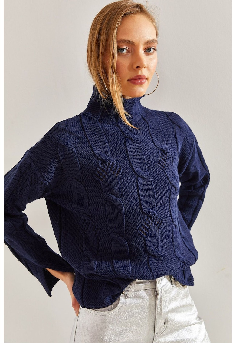 Pulover dama - cu guler inalt - poliester/acril - bleumarin -