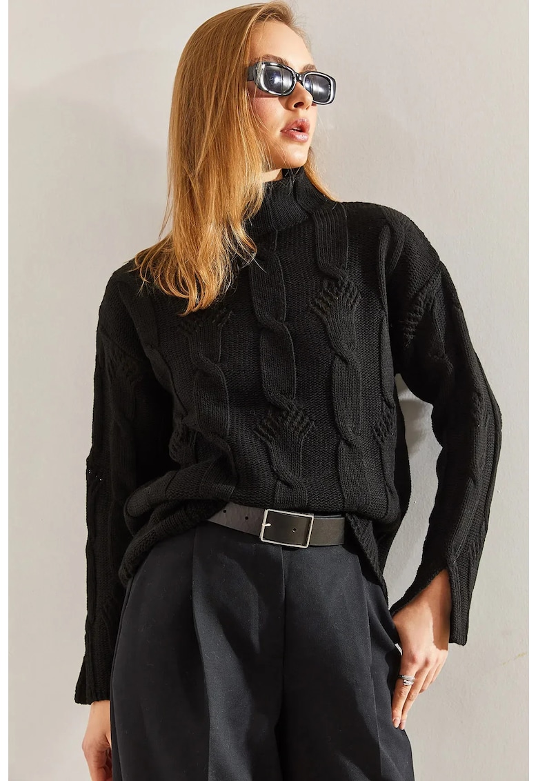 Pulover dama - tricotat cu guler inalt texturat - negru -